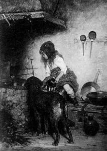 Warmed By The Fire: An Interior Scene With Girl And Dog Before A Hearth by Gustav Laeverenz