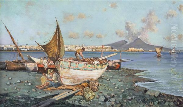 Marina Di Napoli Con Pescatori E Veduta Del Vesuvio - view 1