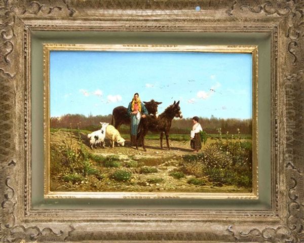 Bauerin Mit Kind, Zwei Eseln U. Schafen In Suditalienischer Landschaft - view 1