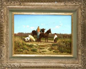 Bauerin Mit Kind, Zwei Eseln U. Schafen In Suditalienischer Landschaft