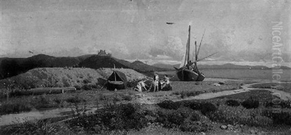 Pagliaro Near Salerno - A Genre Scene With Mother And Children By The Shore - view 1