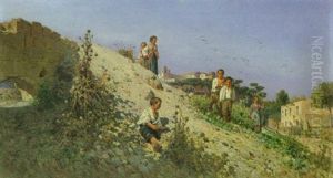 Neapolitanische Landschaft Mit Spielenden Kindern Am Hang by Giuseppe Laezza