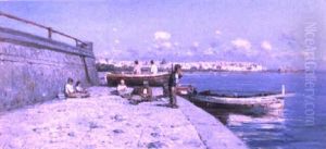 Neapolitan Boys On The Quay With Castel Del'ovo Behind by Giuseppe Laezza