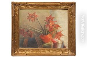 Red Flowers In Red Pot On Indian Tablecloth