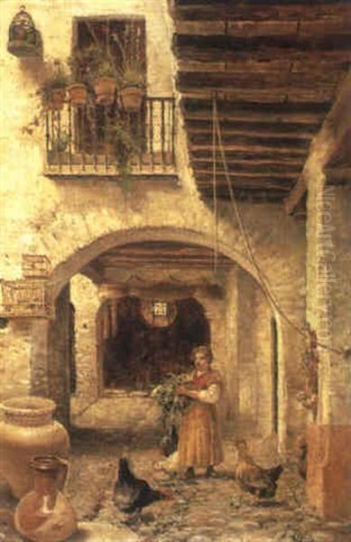 Feeding Poultry In A Courtyard - view 1
