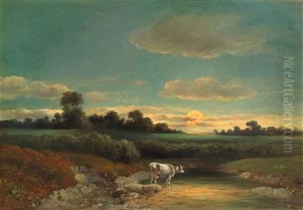Cow By A Pond In A Landscape With Rising Moon - view 1