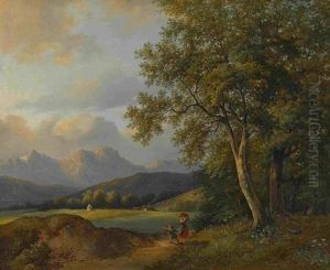 Vorgebirgslandschaft Mit Junger Bauerin Und Ihrem Kind Am Fluss Spazierend