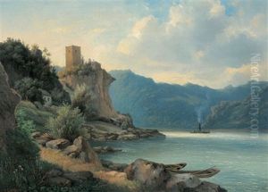 Ein Dampfschiff Auf Der Donau, Links Eine Ruine Ein Dampfschiff Auf Der Donau, Links Eine Ruine