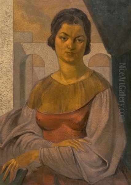 Portrait De Jeanne Lafnet En Tenue Renaissance Sur Un Fond D'architecture - view 1