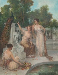 Parklandschaft Mit Jungen Frauen Und Pfau