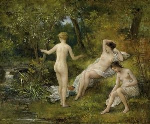 Badende An Einem Waldteich