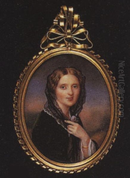 A Lady Wearing A Green Velvet Jacket With White Underdress, A Black Lace Shawl Over Her Hair, A Pink Rose In Her Left Hand - view 1