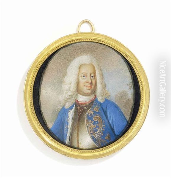 Frederick I (1676-1751), King Of Sweden, In Gilt-edged Silver Breastplate, Gold Embroidered Blue Coat With Ermine Lining, Long Powdered Curling Wig - view 1