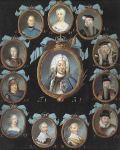 A Frame Containing Twelve Oval Portraits Of Members Of The Swedish Royal Family Within Gilt Surrounds, Coronet And Blue Ribbon Surmounts by Niclas Lafrensen the Elder