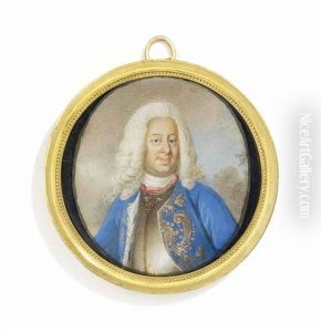 Frederick I (1676-1751), King Of Sweden, In Gilt-edged Silver Breastplate, Gold Embroidered Blue Coat With Ermine Lining, Long Powdered Curling Wig; Landscape Background by Niclas Lafrensen the Elder