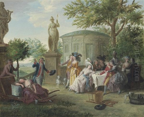 Elegant Figures Dining In A Garden Amongst Classical Sculptures, A Rotunda Beyond - view 1