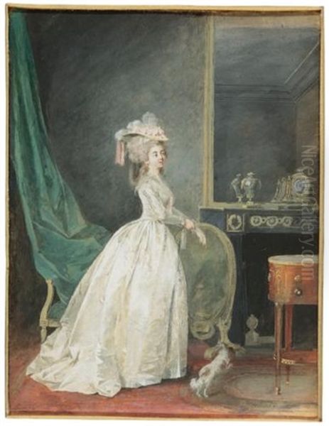 A Lady Standing In An Interior, Preparing To Go Out With Her Dog - view 1