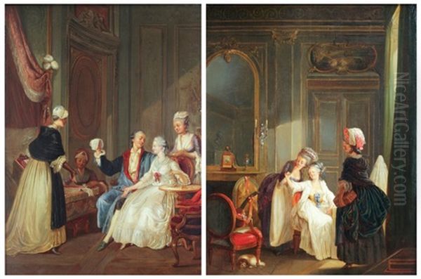 Jeune Femme Admirant Une Boucle D'oreille (+ Jeune Femme Examinant Une Bonnet De Dentelle; Pair) - view 1
