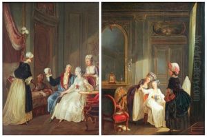 Jeune Femme Admirant Une Boucle D'oreille (+ Jeune Femme Examinant Une Bonnet De Dentelle; Pair) by Niklas Lafrensen the Younger