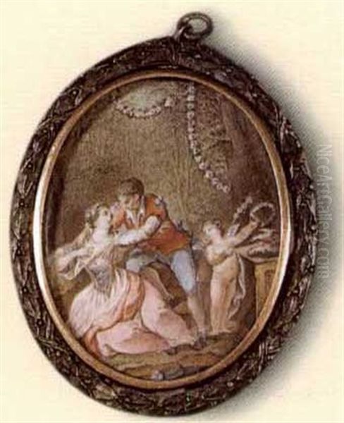 Deux Jeunes Galants Dans Un Sous-bois Pres D'un Angelot Couronnant Deux Colombes Sur L'autel D'amour - view 1