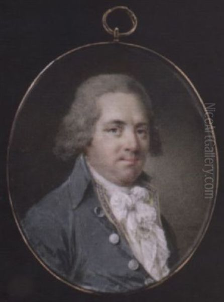 A Gentleman Wearing Grey Coat With Silver Buttons, Yellow Waistcoat Edged With Greek-key Pattern And White Cravat, His Hair Powdered - view 1