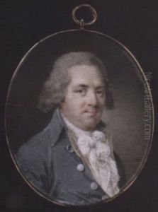 A Gentleman Wearing Grey Coat With Silver Buttons, Yellow Waistcoat Edged With Greek-key Pattern And White Cravat, His Hair Powdered