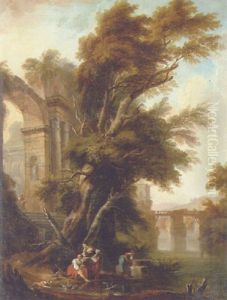 A Classical Landscape With Washerwomen Beside Ruins On A Riverbank, A Bridge Beyond