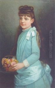 Portrait Of A Young Girl In A Blue Dress Holding A Basket Of Flowers