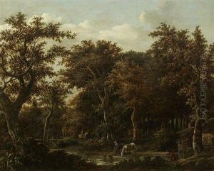 A Wooded Landscape With A Traveller Watering His Horse At A Stream by Jan De Lagoor