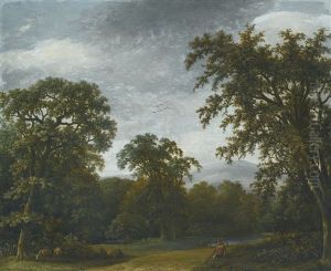 A Wooded Landscape With A Shepherd And His Flock By A Path by Jan De Lagoor