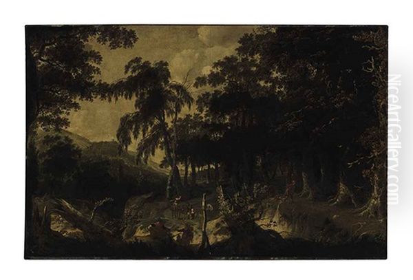 Travelers Resting On A Sandy Parth, With A Hunter On A Dune, In A Wooded Landscape - view 1
