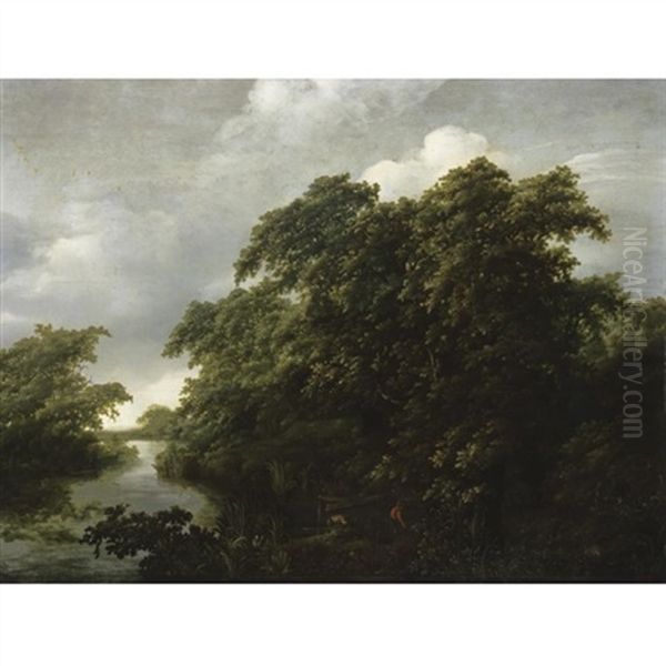 A River Landscape With Two Fishermen Mooring Their Boat - view 1
