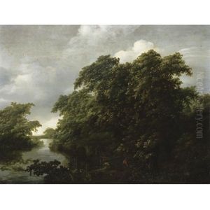 A River Landscape With Two Fishermen Mooring Their Boat by Jan De Lagoor
