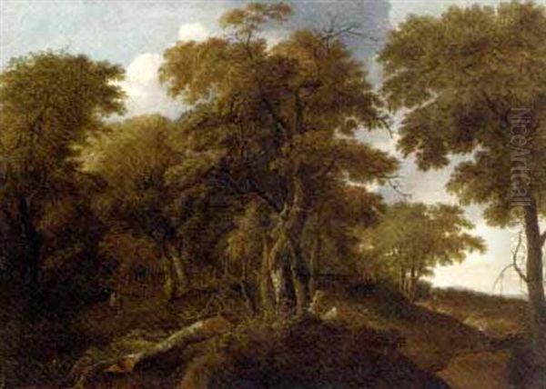 An Extensive Wooded Landscape With Travellers On A Track - view 1