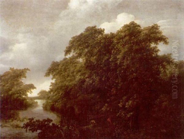 A Wooded River Landscape With Anglers Mooring Their Boats To The Bank - view 1