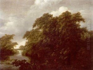 A Wooded River Landscape With Anglers Mooring Their Boats To The Bank by Jan De Lagoor
