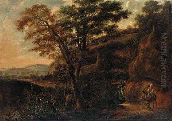 A Wooded Landscape With A Traveller On A Donkey - view 1