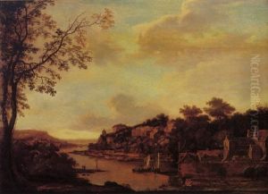 An Extensive River Landscape With Fishermen And Sailing Boats By A Walled Town, Other Buildings Beyond