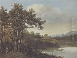 Flusslandschaft Mit Kahnfahrern Flusslandschaft Mit Kahnfahrern