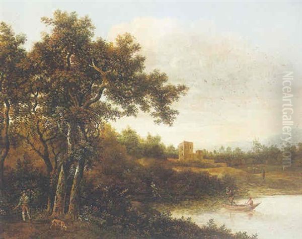 A Wooded Landscape With Figures Netting Fish In A Pond, And A Sportsman And His Dog Among The Trees - view 1