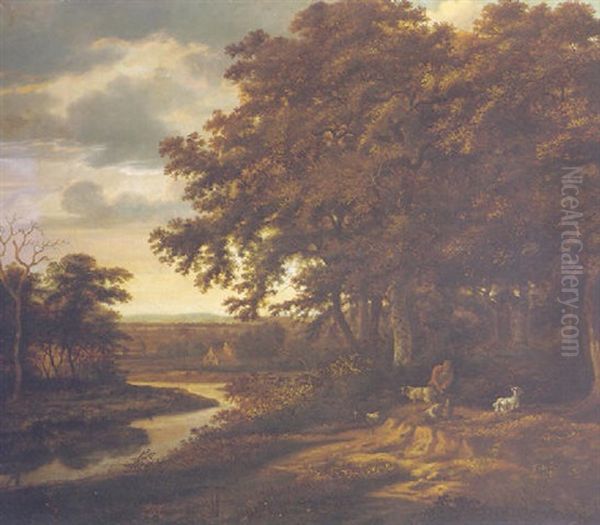 A Herder With Animals On A River Bank By The Margin Of A Wood - view 1