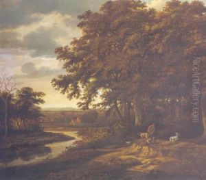 A Herder With Animals On A River Bank By The Margin Of A Wood by Jan De Lagoor