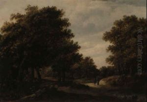 Wooded Landscape With Figures On A Path by Jan De Lagoor