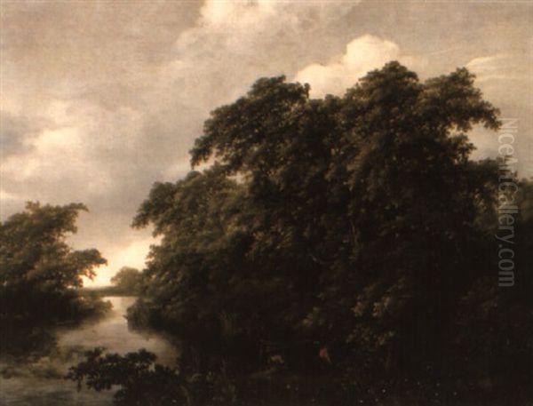 A Wooded River Landscape With Anglers Mooring Boats On A Bank - view 1