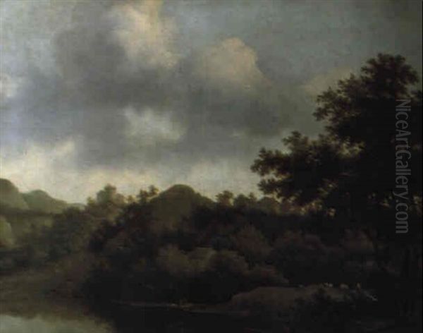 Waldlandschaft Mit Einem Teich, Einem Fischerboot Und Schafen - view 1