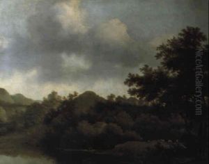 Waldlandschaft Mit Einem Teich, Einem Fischerboot Und Schafen by Jan De Lagoor