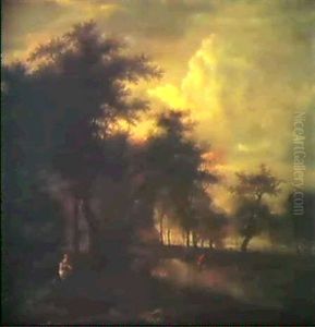 Figures Travelling Along A Wooded Path With Fishermen Beside A Lake Retrieving Their Catch Figures Travelling Along A Wooded Path With Fishermen Beside A Lake Retrieving Their Catch