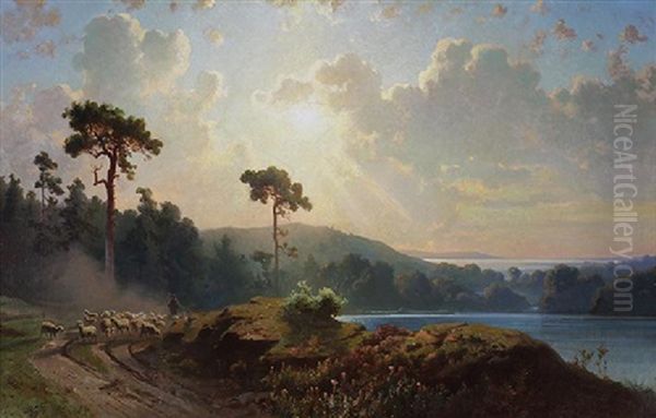 Shepherd And Flock By A Lake - view 1
