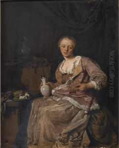 Jeune Femme Dans Un Interieur Tenant Un Verre by Cornelis (Pietersz.) Bega