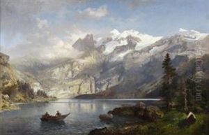 Figures Rowing A Boat With Distant Snow-capped Mountains